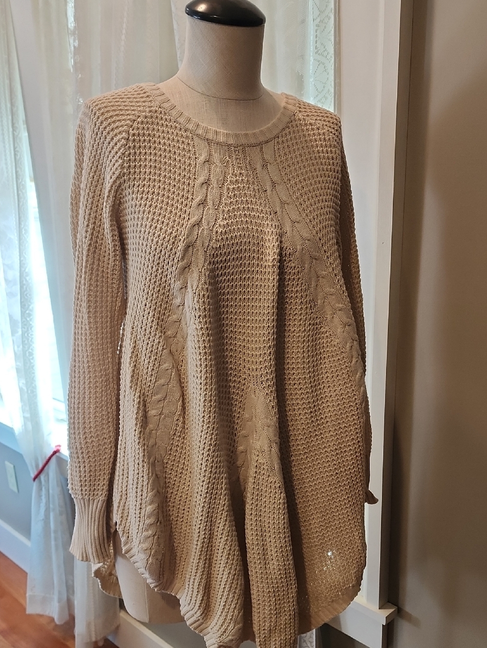 Agnes & Dora Beige Scoop-Neck Cable Panel Sweater